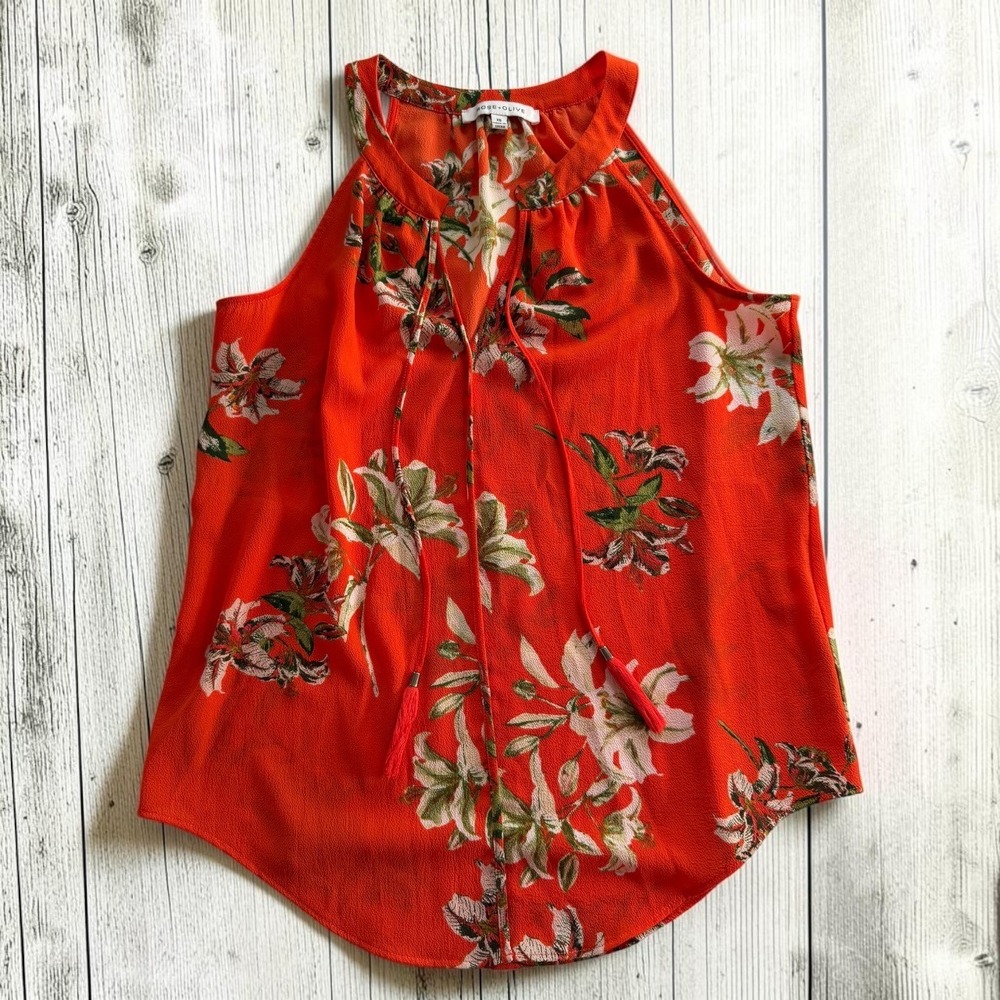 Floral Tassel Halter Neck Sleeveless Top Orange Womens XS Rose + Olive